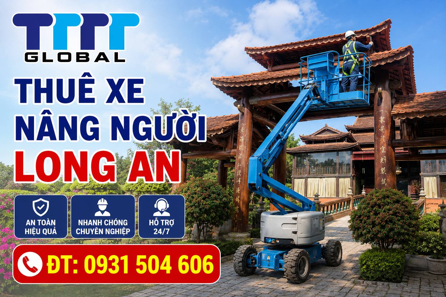 Thuê xe nâng người Long An gần nhất, giá hạt dẻ 10-50m? Chi tiết giá? thuê xe nâng người Long an