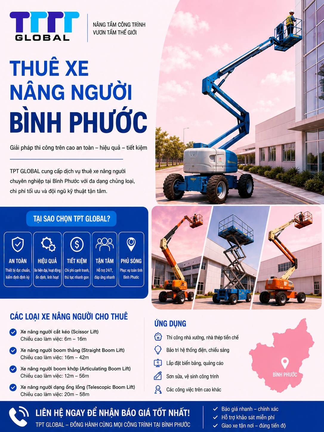 Thuê xe nâng người Bình Phước giá tốt, giao nhanh 24/7 | TTTT Global thuê xe nâng người bình phước