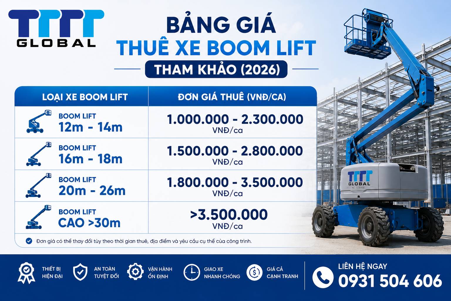 Thuê xe boom lift loại 10 đến 58m giá bao nhiêu? Bảng giá bên dưới thuê xe nâng boom lift