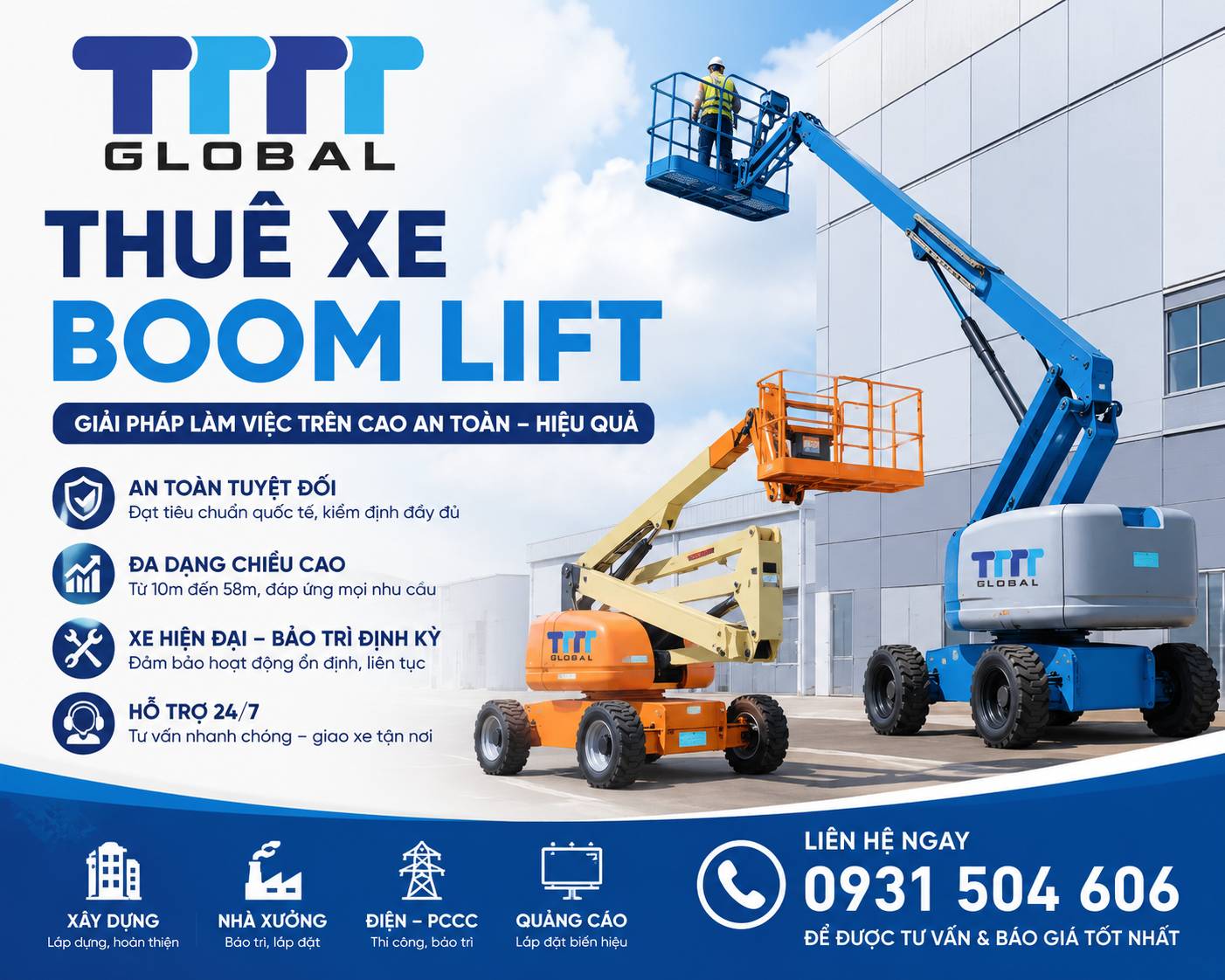 Thuê xe boom lift loại 10 đến 58m giá bao nhiêu? Bảng giá bên dưới thuê xe boom lift