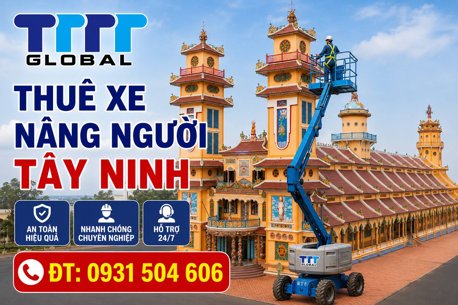 Thuê xe nâng người Tây Ninh uy tín, chất lượng, 50m, giá? thuê xe nâng người tây ninh