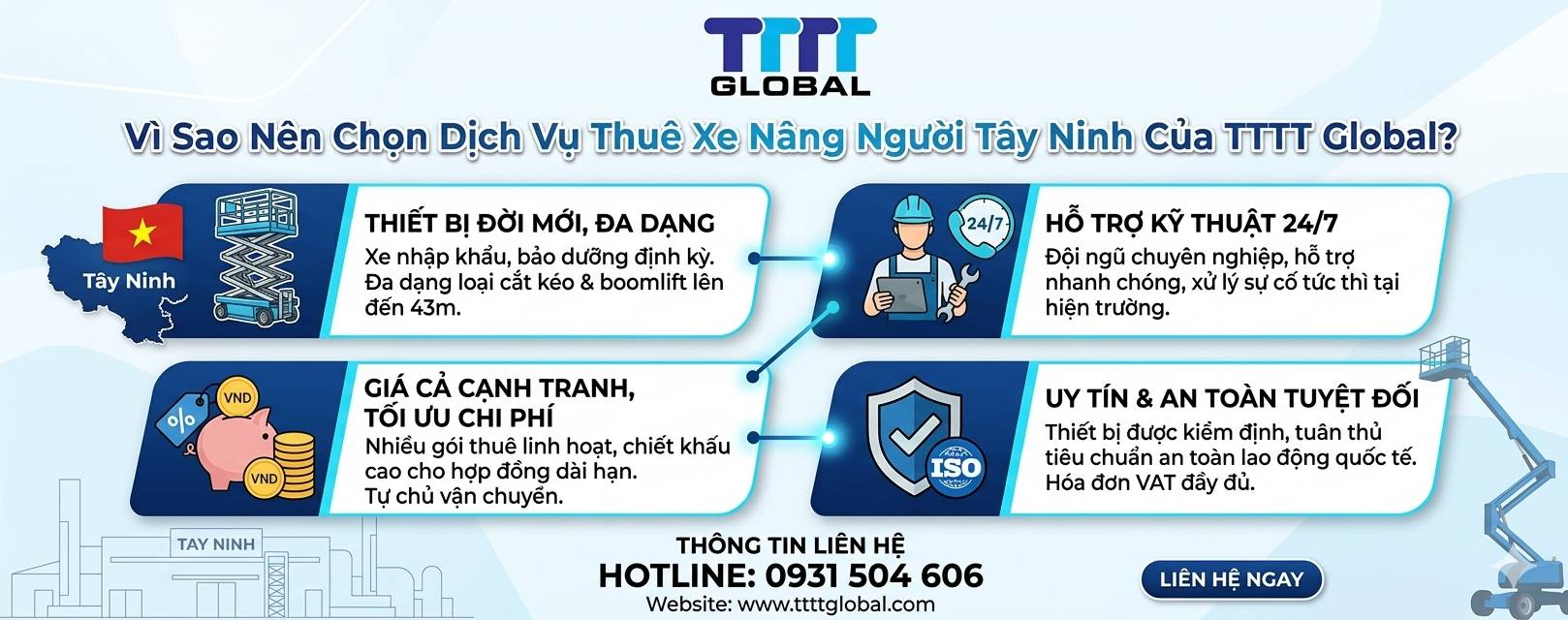 Thuê xe nâng người Tây Ninh uy tín, chất lượng, 50m, giá? Thuê xe nâng người Tây Ninh