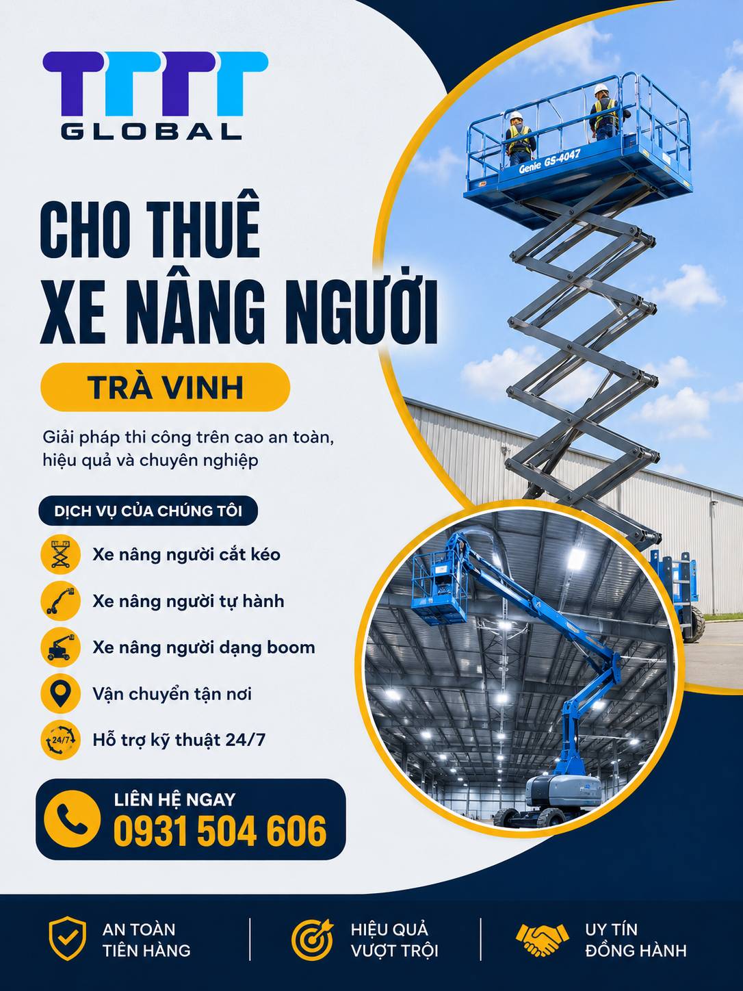 Thuê xe nâng người Trà Vinh cam kết giá rẻ, uy tín, chất lượng 100% thuê xe nâng người trà vinh