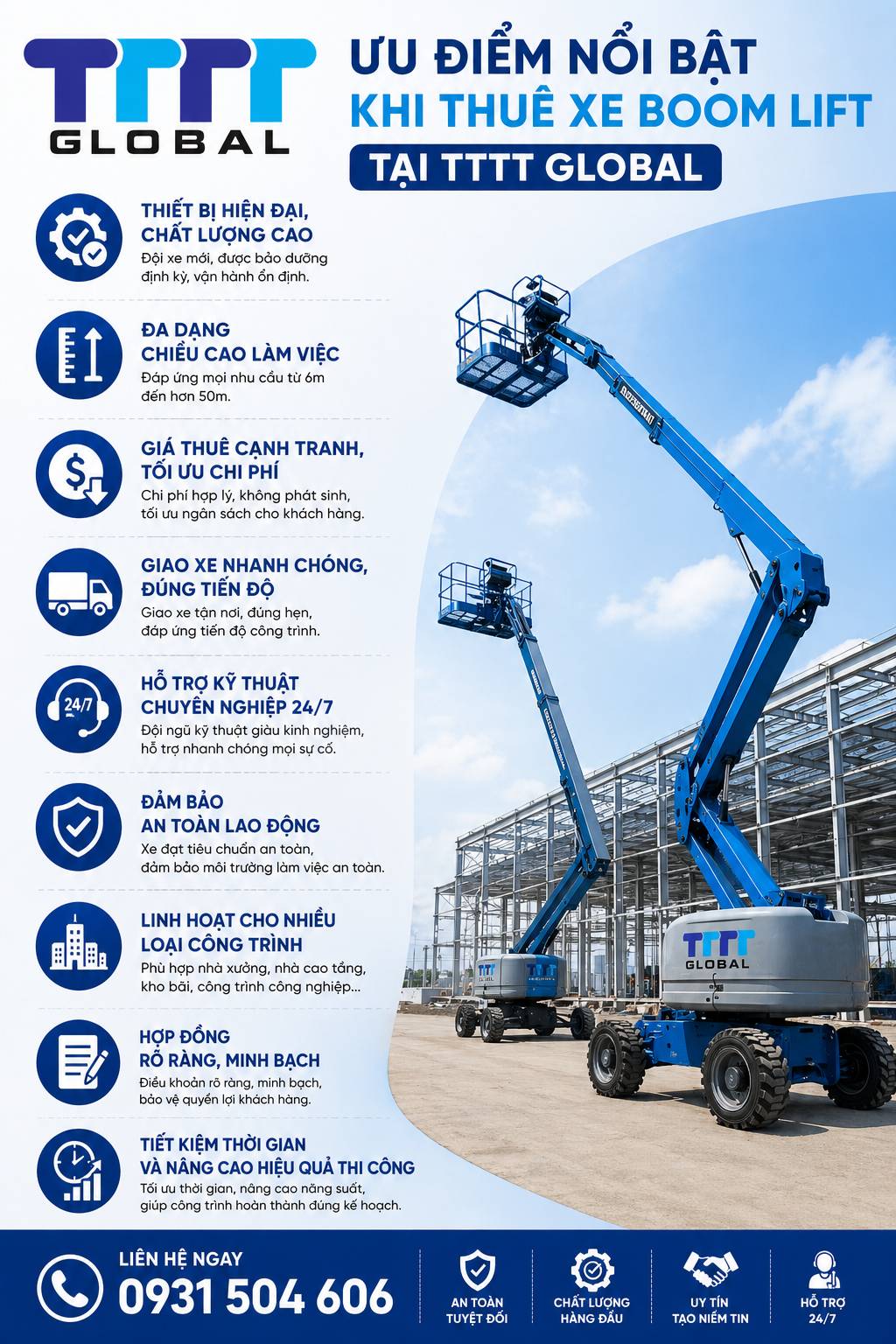Thuê xe boom lift loại 10 đến 58m giá bao nhiêu? Bảng giá bên dưới thuê xe nâng boom lift