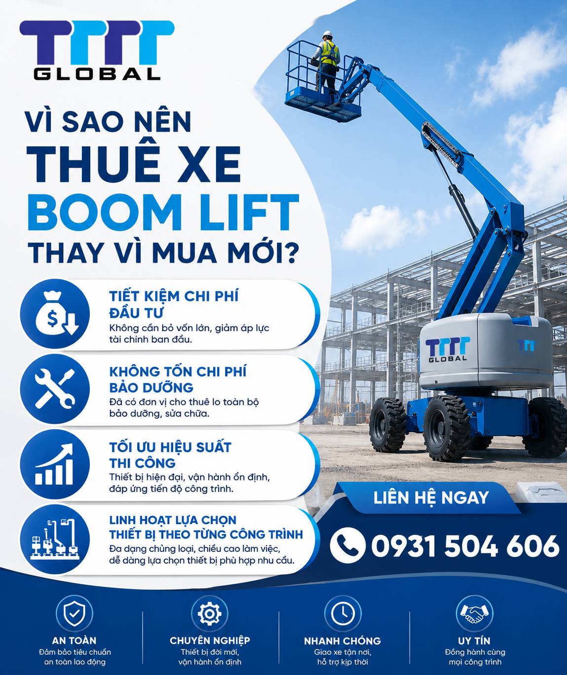Thuê xe boom lift loại 10 đến 58m giá bao nhiêu? Bảng giá bên dưới thuê xe nâng boom lift