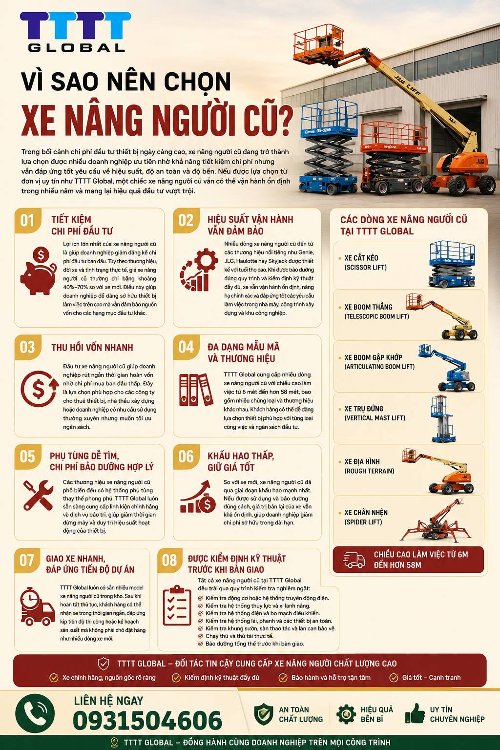 Bán xe nâng người cũ bền bỉ – giá tốt, chất lượng cao TTTT Global Xe nâng người cũ