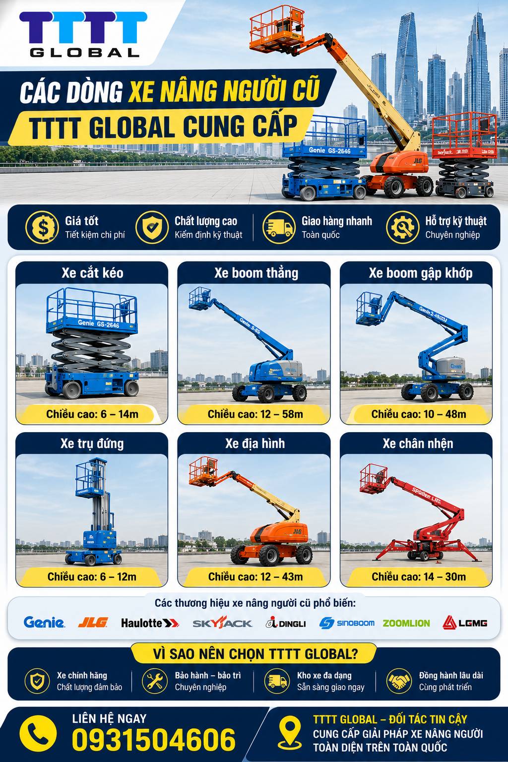 Bán xe nâng người cũ bền bỉ – giá tốt, chất lượng cao TTTT Global Xe nâng người cũ