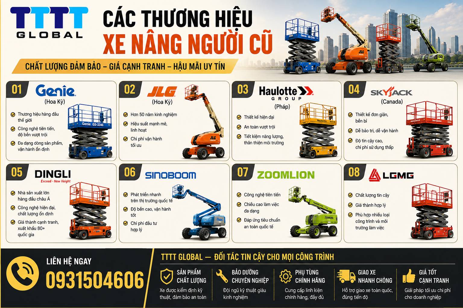 Bán xe nâng người cũ bền bỉ – giá tốt, chất lượng cao TTTT Global xe nâng người cũ